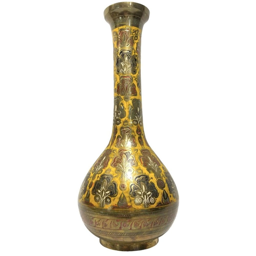 Vintage 1960s Solid Brass Enameled Vase 9 3/4" Tall Flowers India Hand Painted